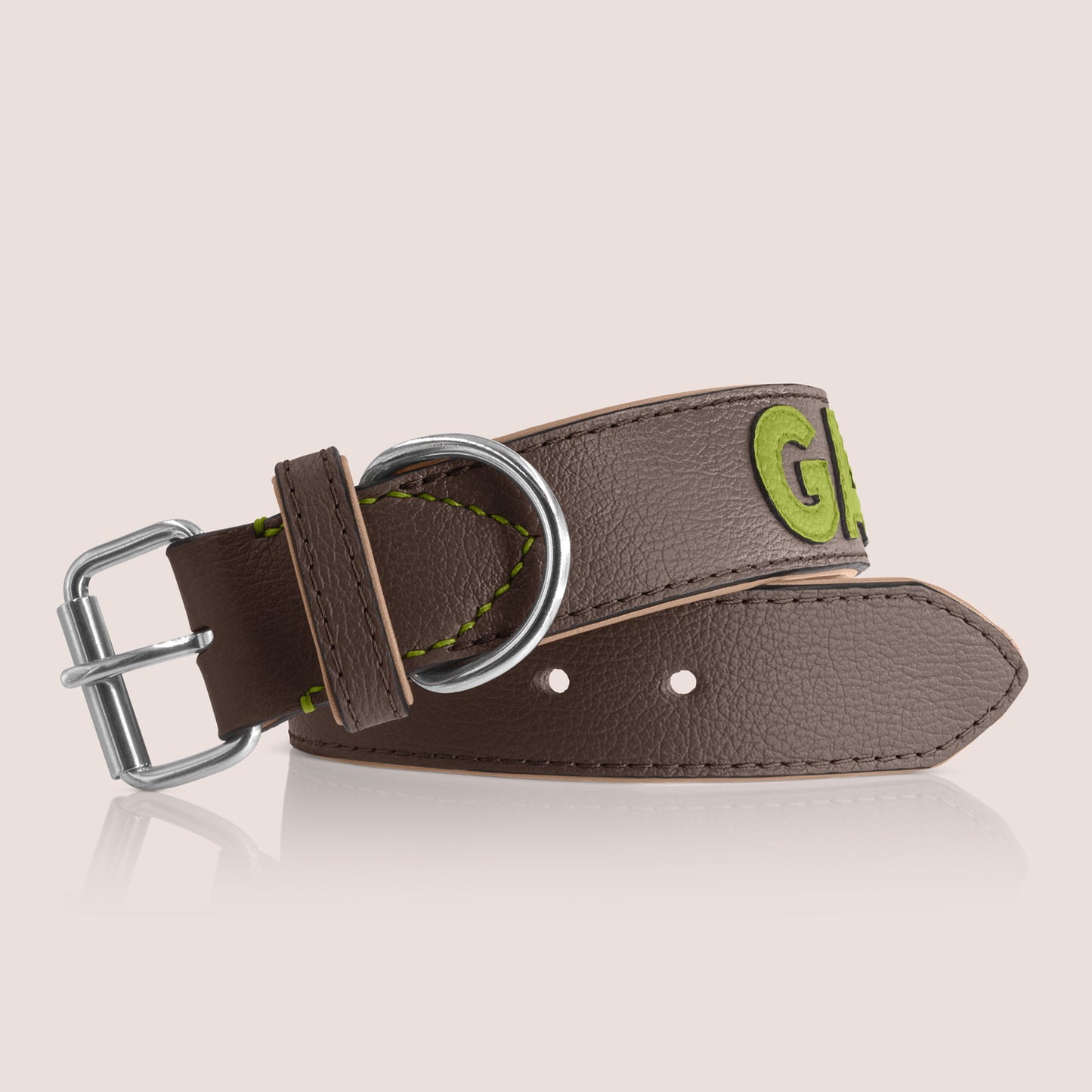 TONERL – Hundehalsband mit Namen aus Leder in Marron - Apfelgrün