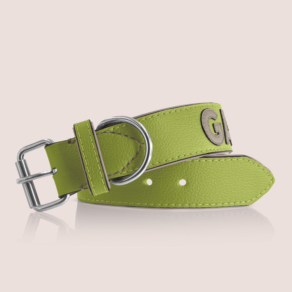 TONERL – Hundehalsband mit Namen aus Leder in Apfelgrün - Lehm