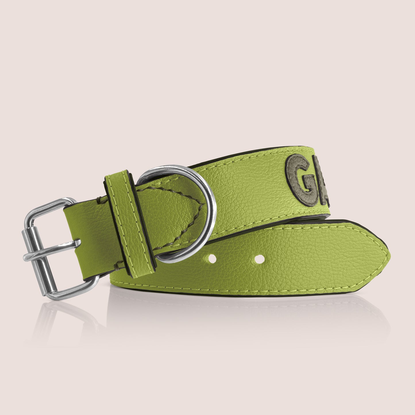 TONERL – Hundehalsband mit Namen aus Leder in Apfelgrün - Oliv