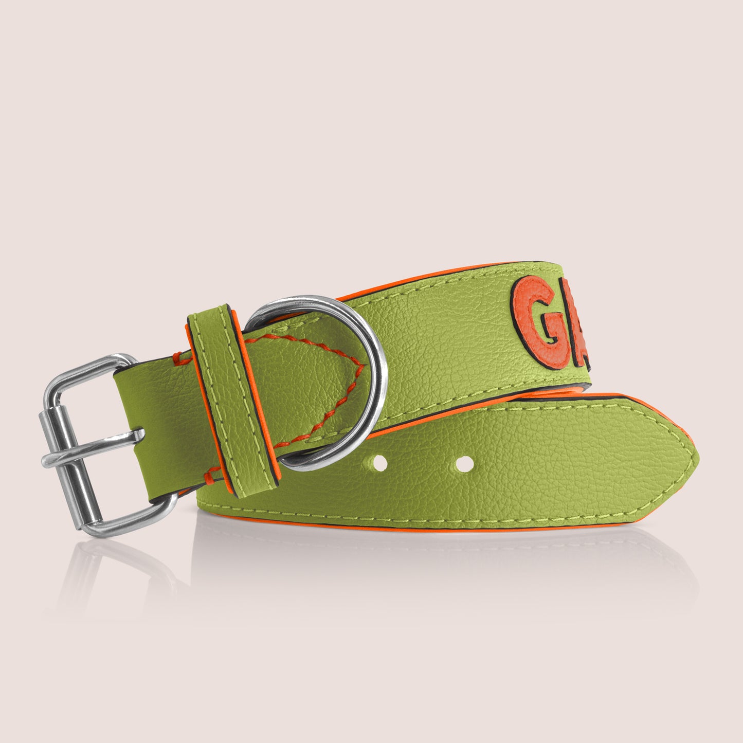 TONERL – Hundehalsband mit Namen aus Leder in Apfelgrün - Orange