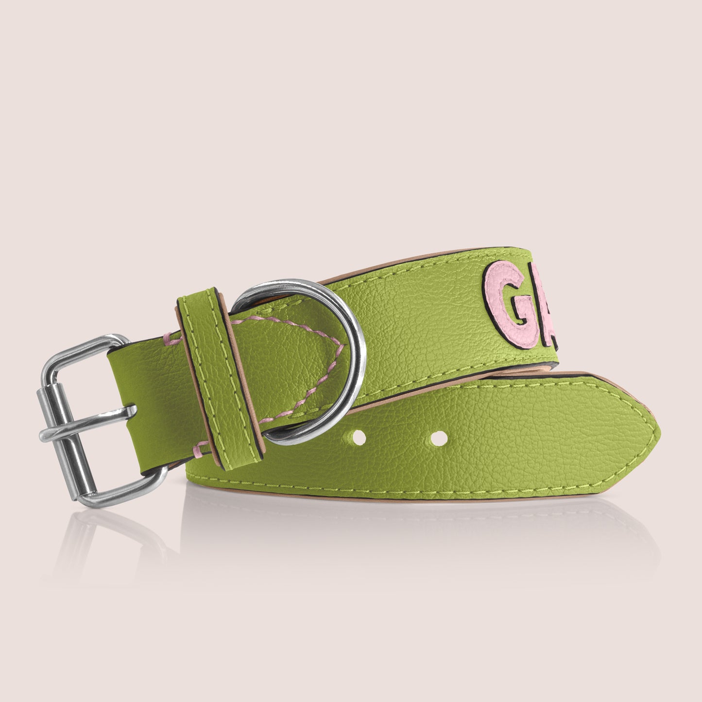 TONERL – Hundehalsband mit Namen aus Leder in Apfelgrün - Rosé
