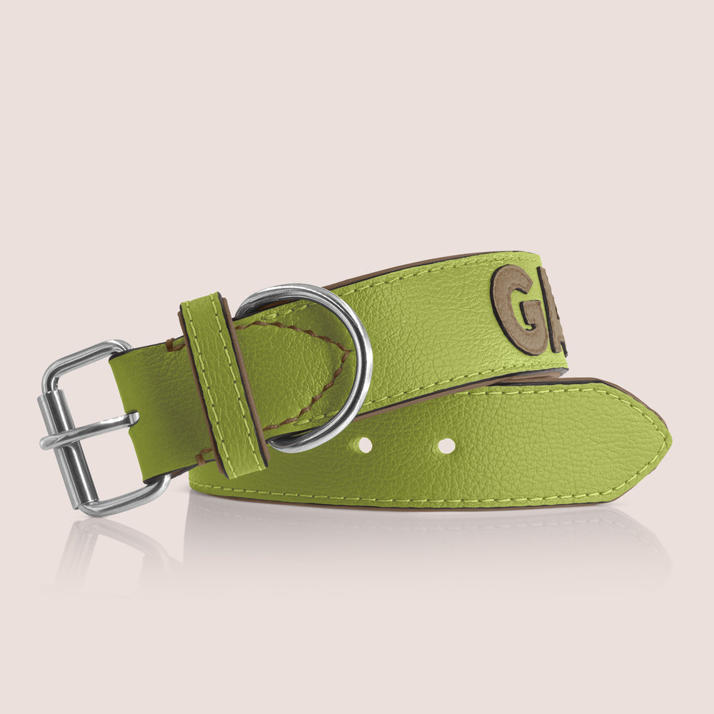 TONERL – Hundehalsband mit Namen aus Leder in Apfelgrün - Taupe