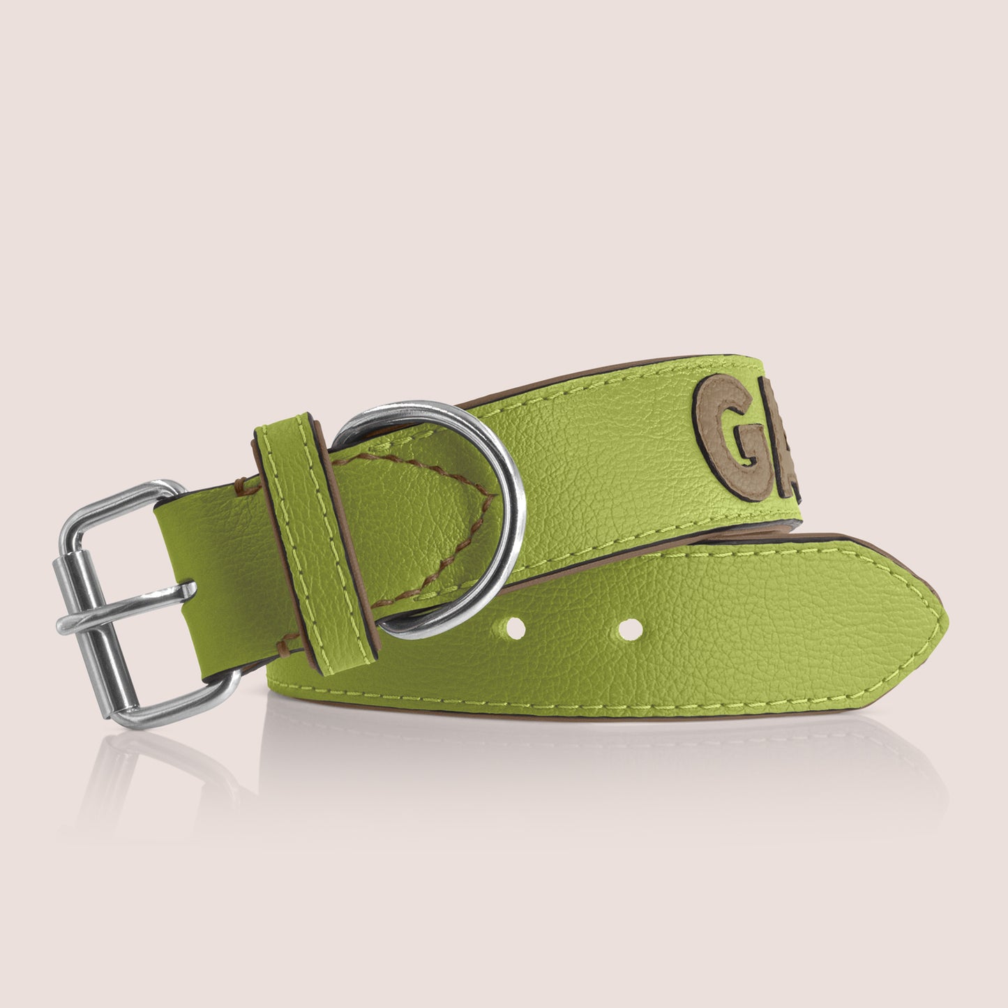 TONERL – Hundehalsband mit Namen aus Leder in Apfelgrün - Taupe