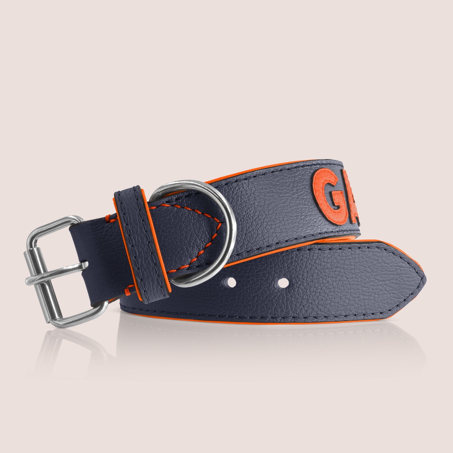 TONERL – Hundehalsband mit Namen aus Leder in Dunkelblau - Orange