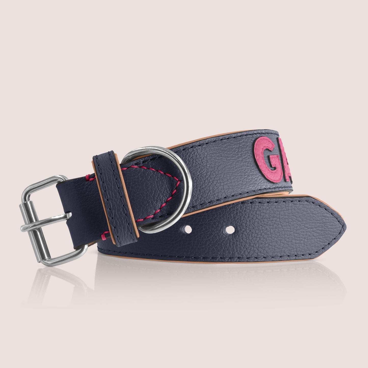 TONERL – Hundehalsband mit Namen aus Leder in Dunkelblau - Soft-Pink