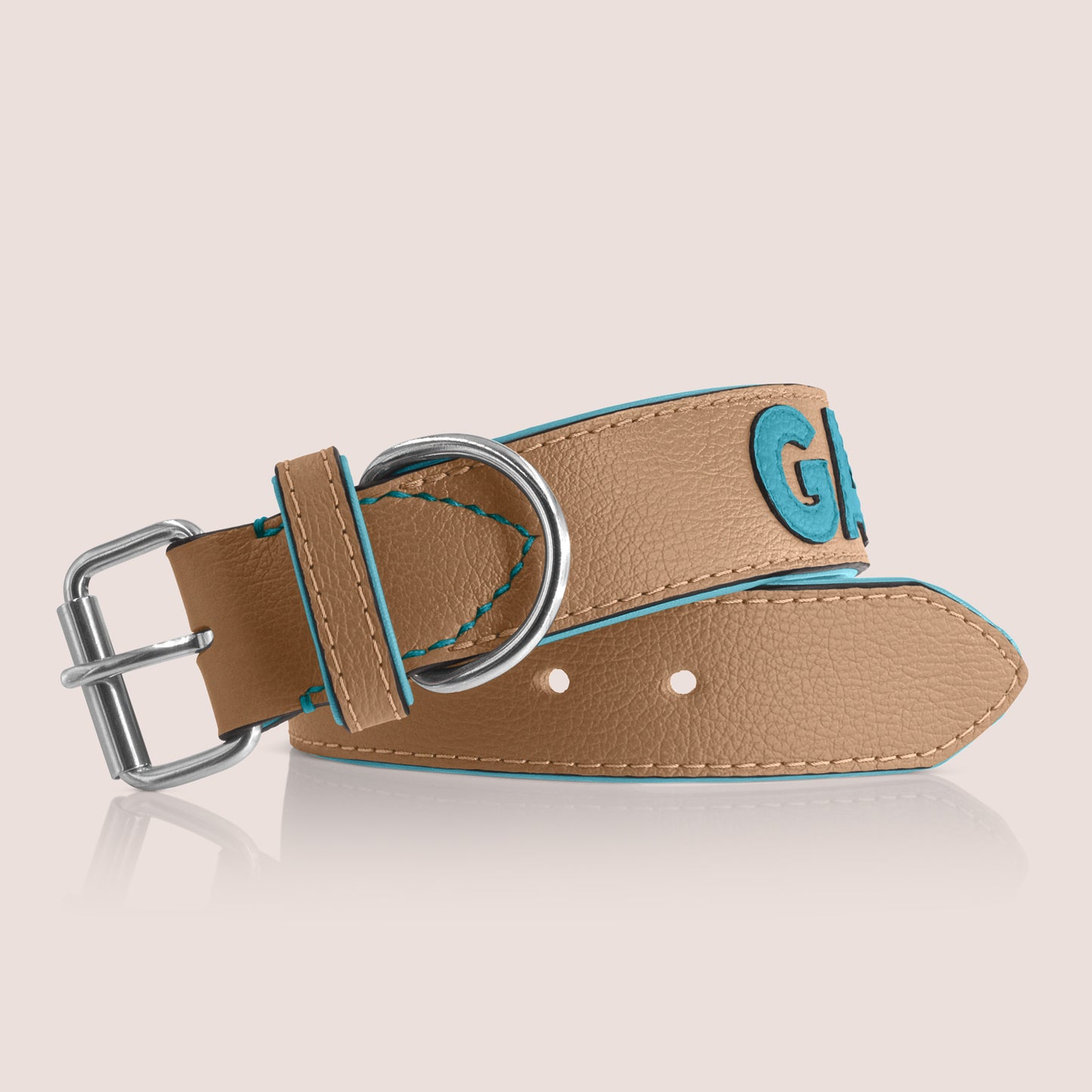 TONERL – Hundehalsband mit Namen aus Leder in Caramel - Türkis