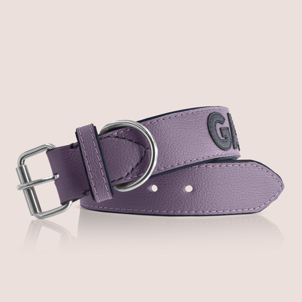 TONERL – Hundehalsband mit Namen aus Leder in Flieder - Blau