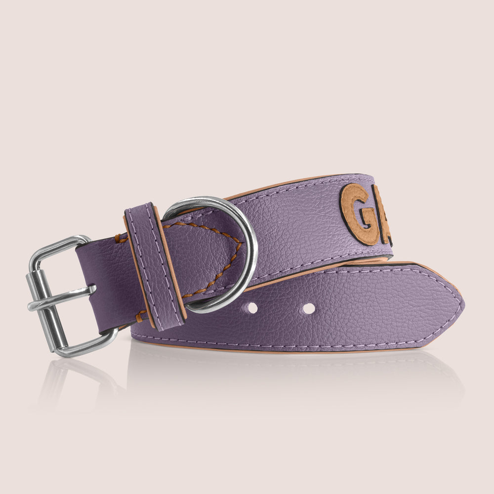 TONERL – Hundehalsband mit Namen aus Leder in Flieder - Caramel