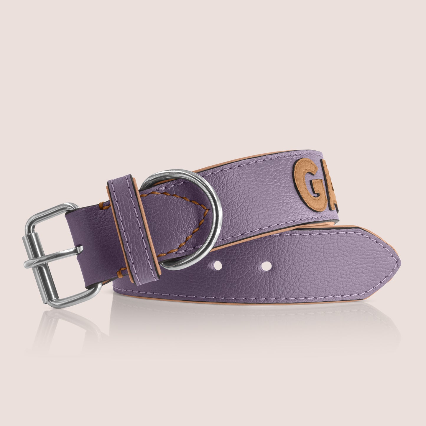 TONERL – Hundehalsband mit Namen aus Leder in Flieder - Caramel