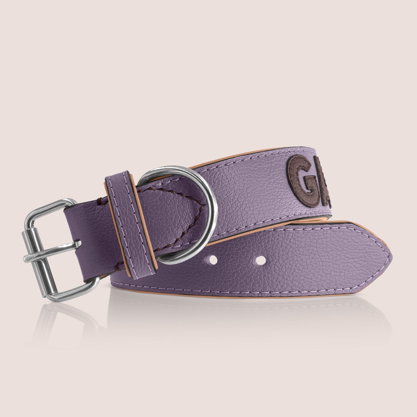 TONERL – Hundehalsband  mit Namen aus Leder in Flieder/Marron