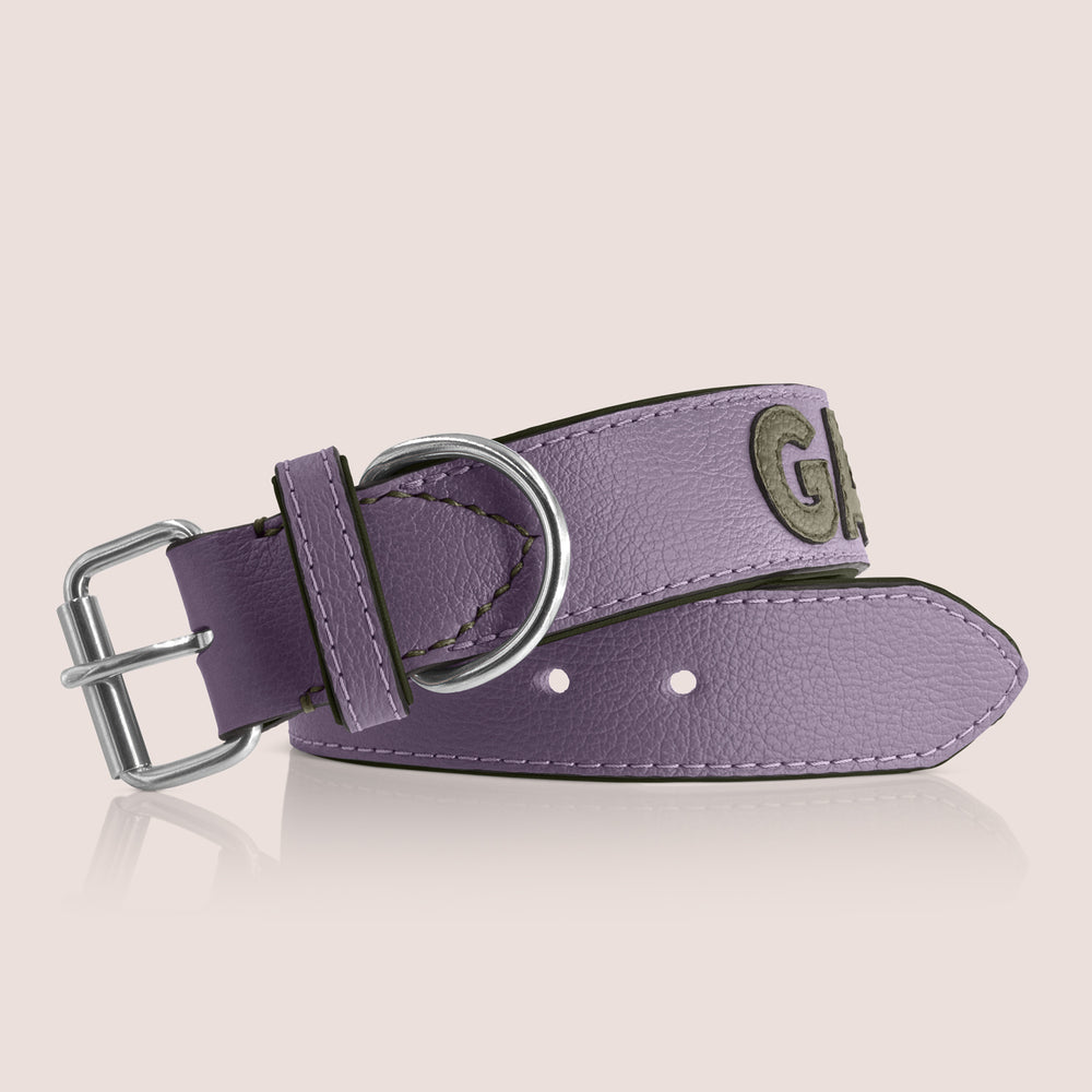 TONERL – Hundehalsband mit Namen aus Leder in Flieder - Oliv