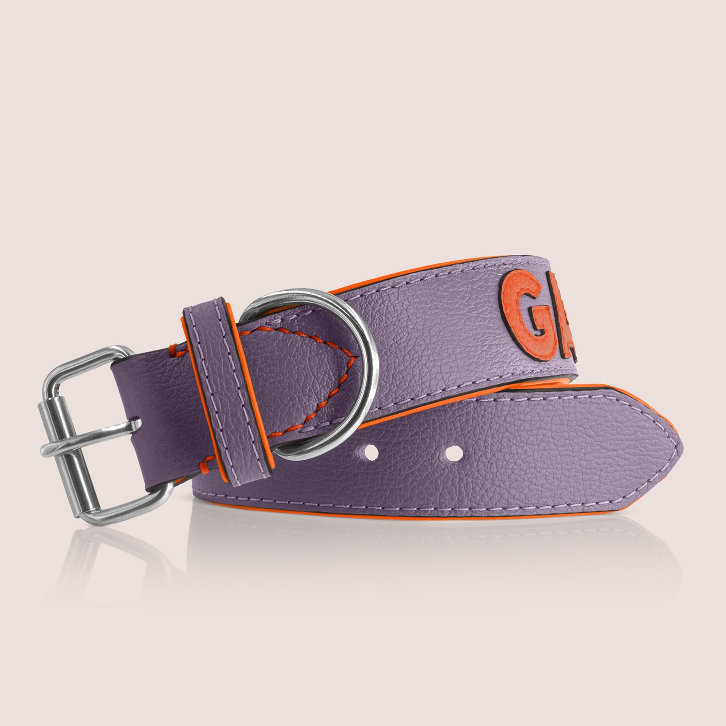TONERL – Hundehalsband mit Namen aus Leder in Flieder - Orange