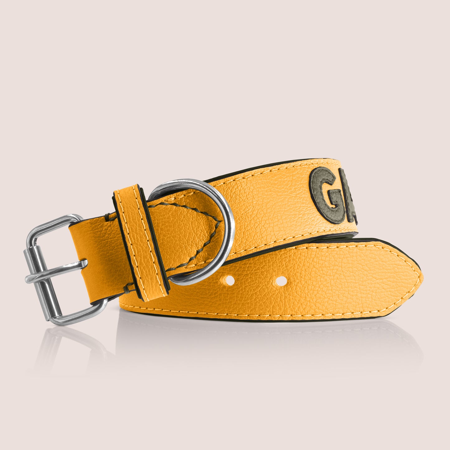 TONERL – Hundehalsband mit Namen aus Leder in Gelb - Oliv