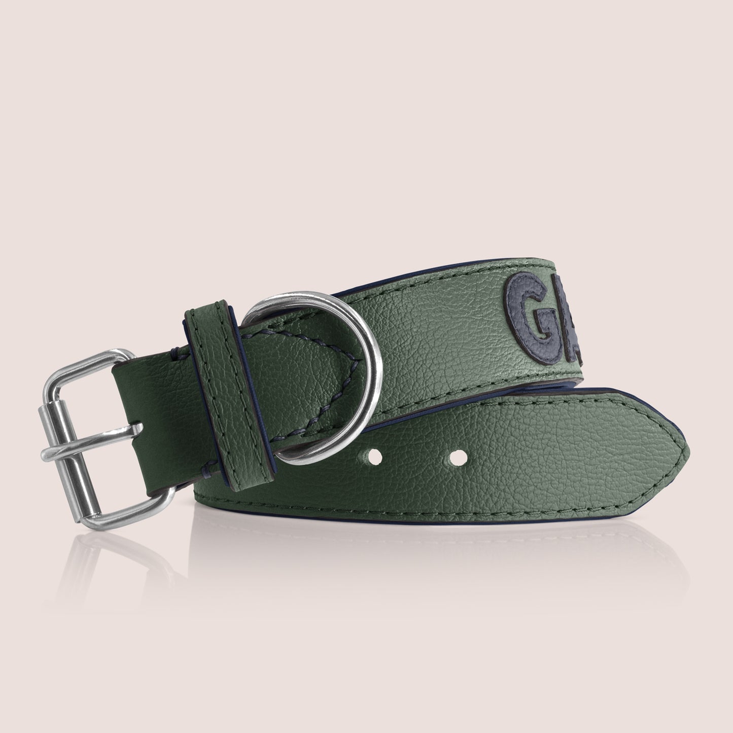 TONERL – Hundehalsband mit Namen aus Leder in British-Racing-Green - Blau