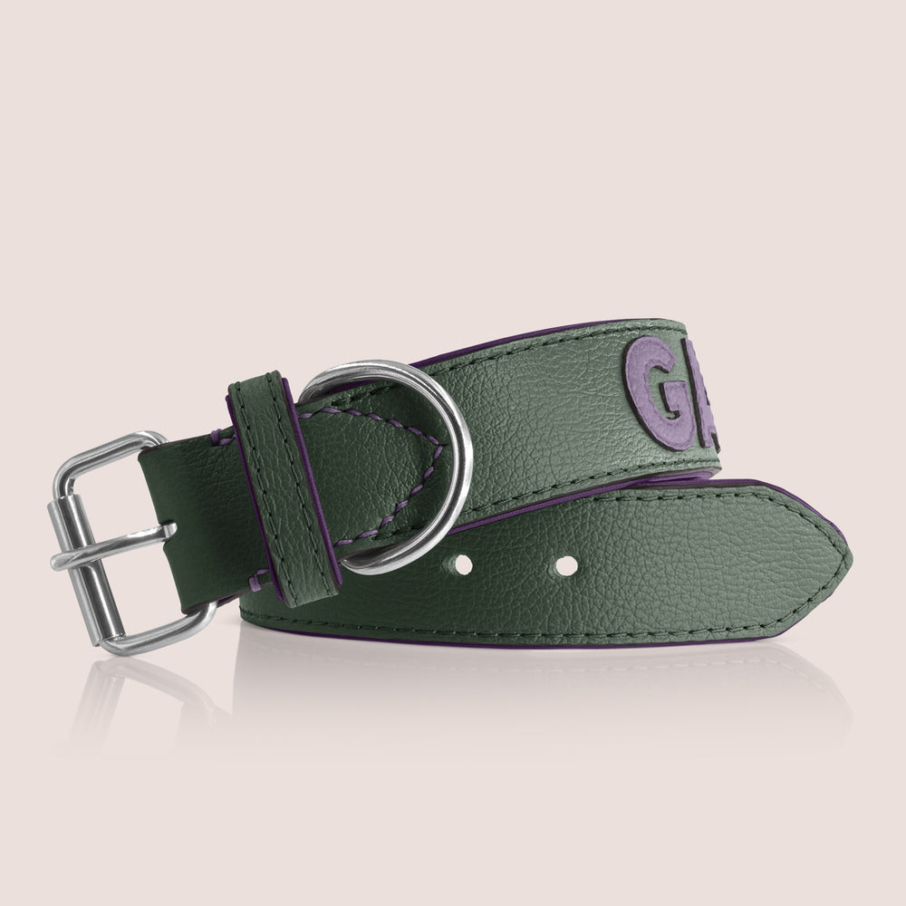 TONERL – Hundehalsband mit Namen aus Leder in British-Racing-Green - Flieder