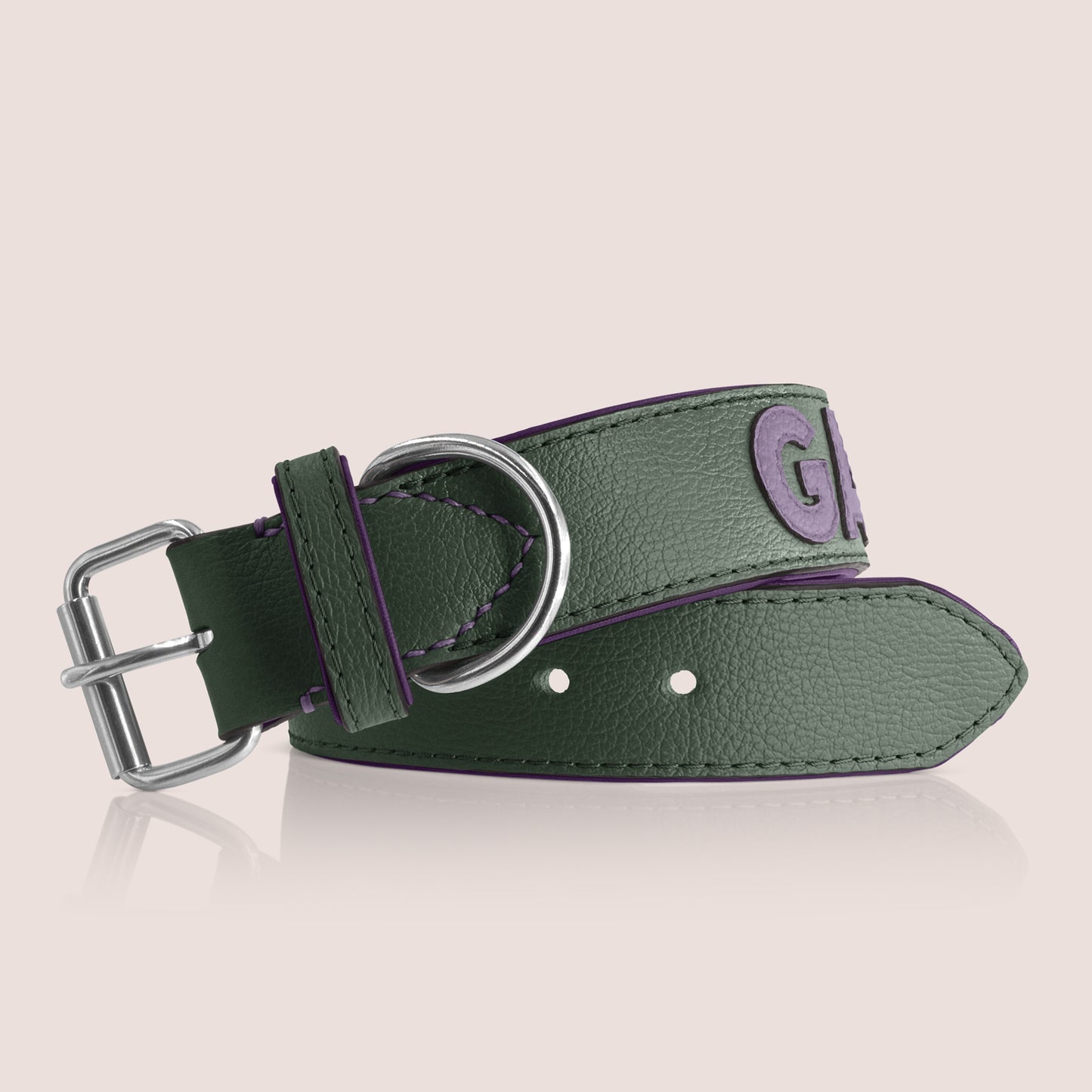 TONERL – Hundehalsband mit Namen aus Leder in British-Racing-Green - Flieder