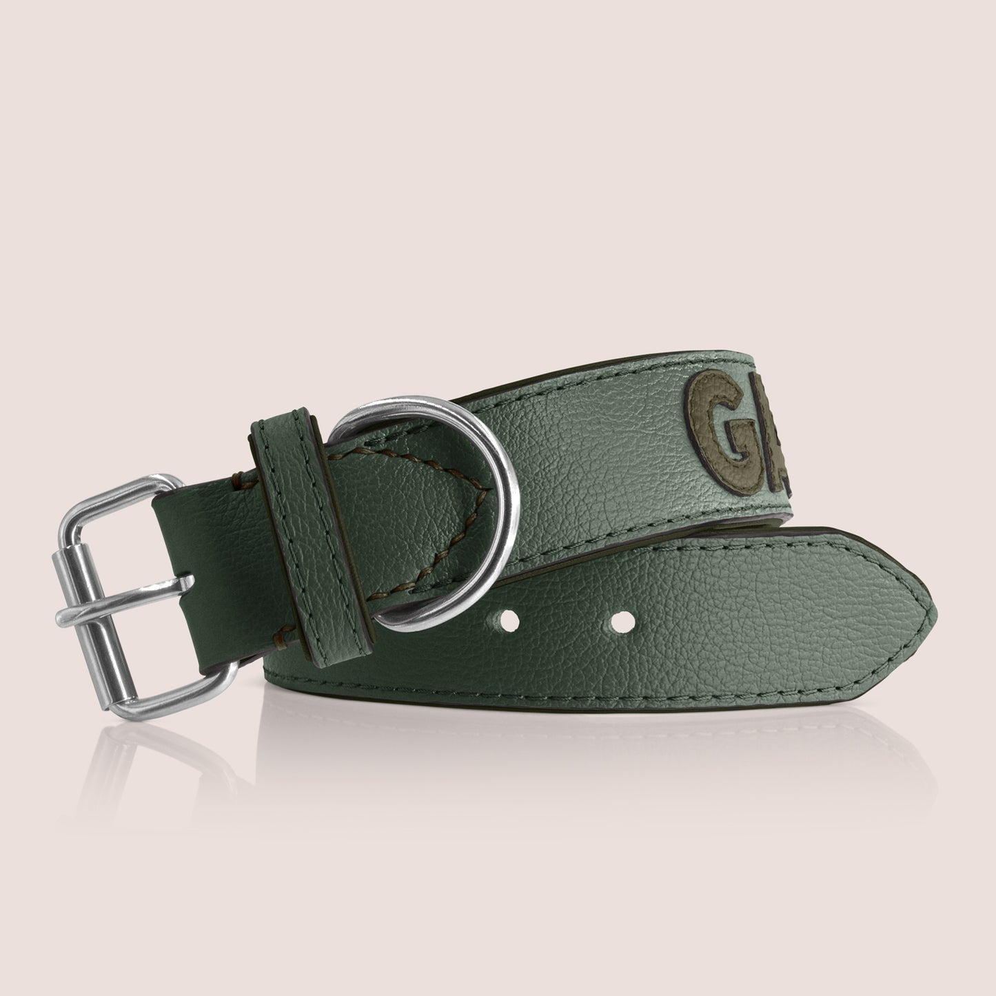 TONERL – Hundehalsband mit Namen aus Leder in British-Racing-Green - Oliv