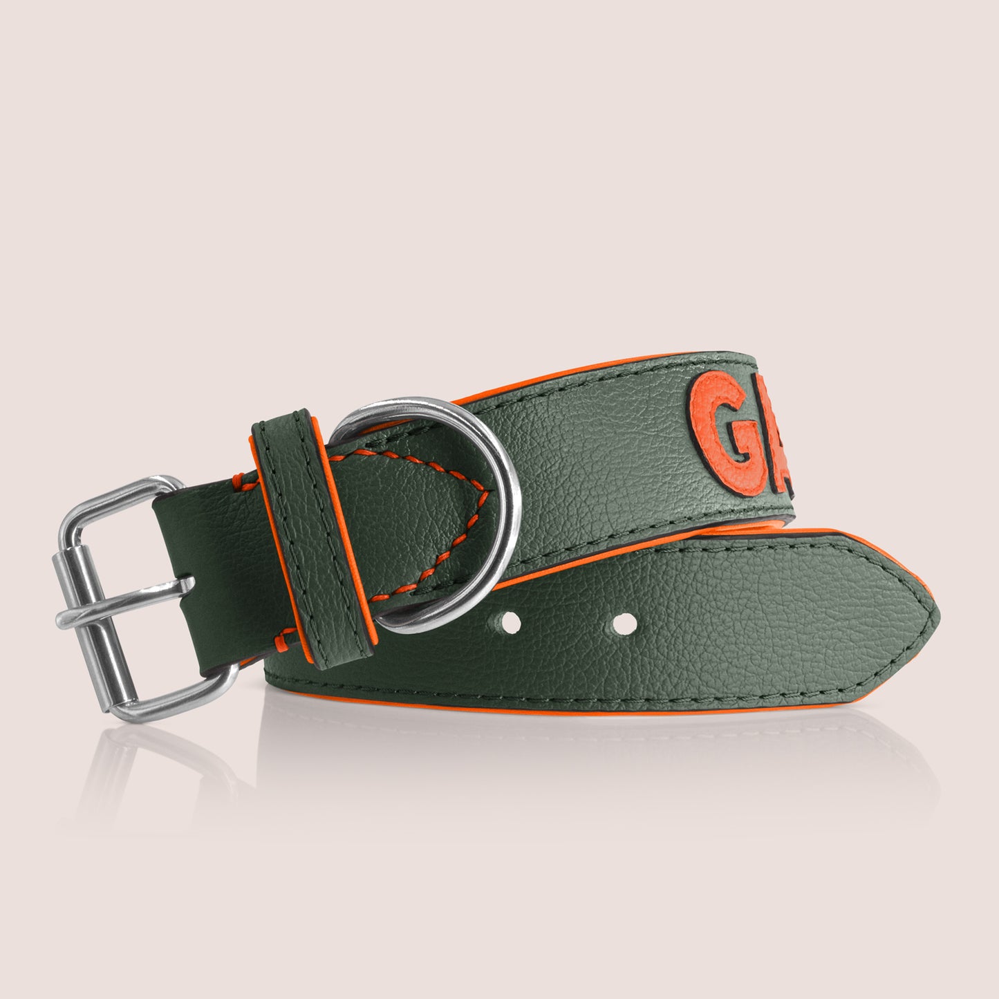 TONERL – Hundehalsband mit Namen aus Leder in British-Racing-Green - Orange