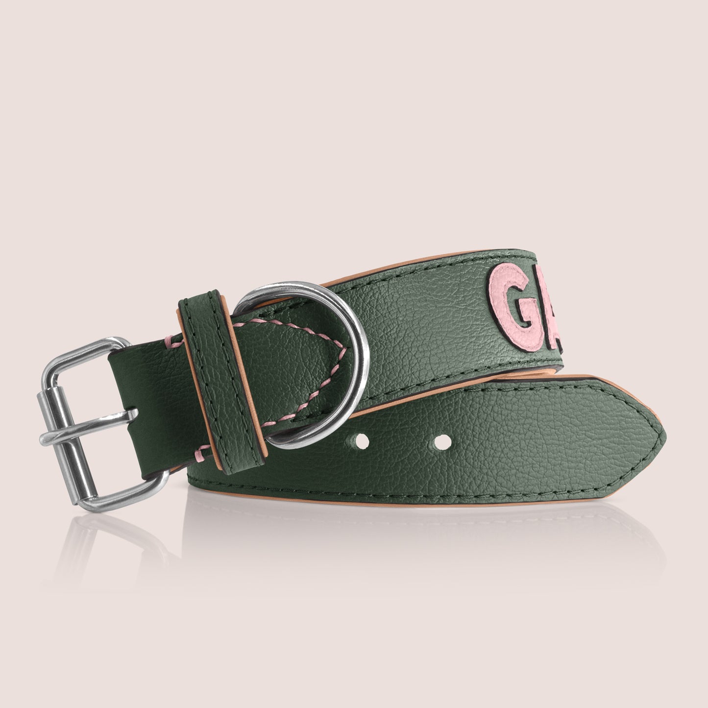 TONERL – Hundehalsband mit Namen aus Leder in British-Racing-Green - Rosé