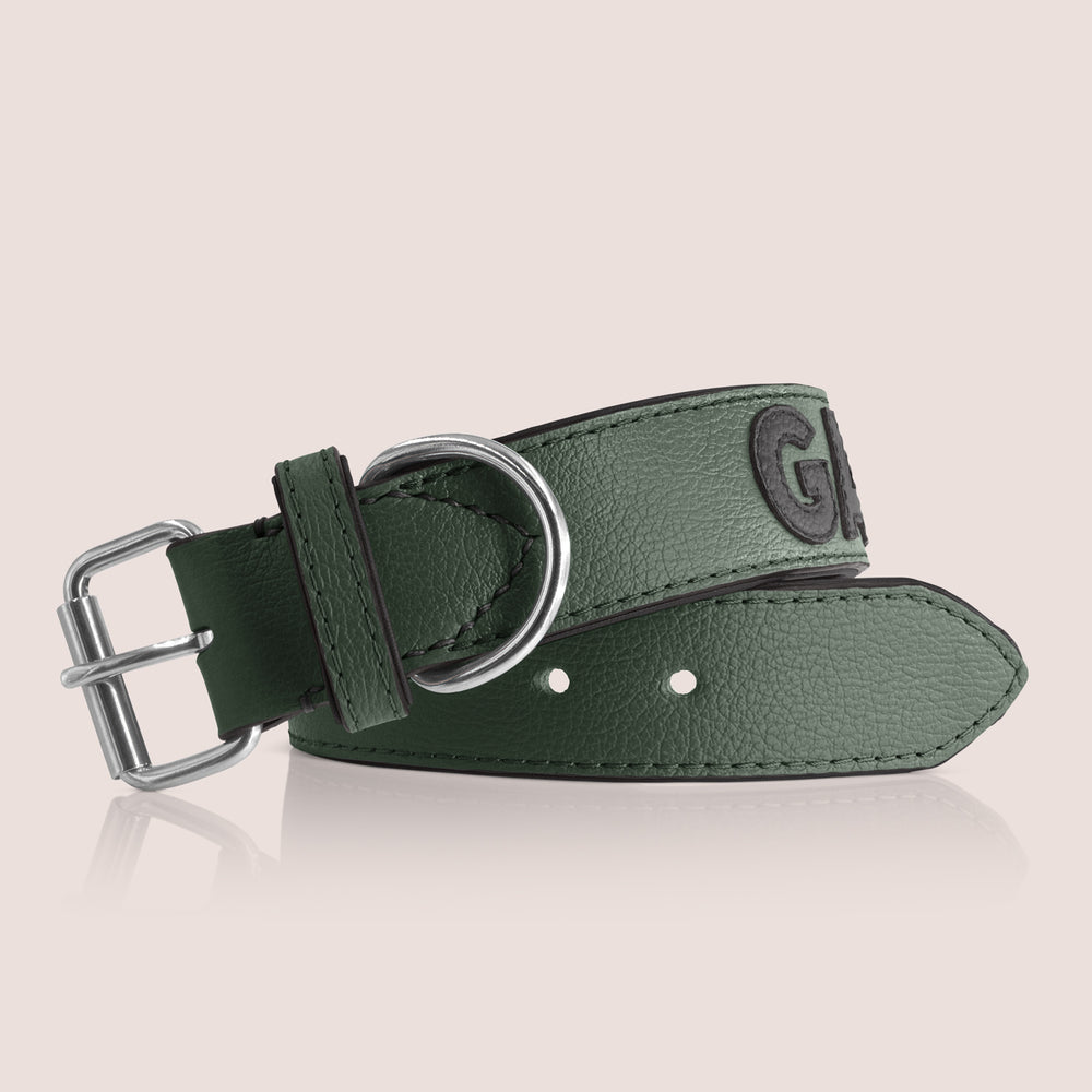 TONERL – Hundehalsband mit Namen aus Leder in British-Racing-Green - Schwarz