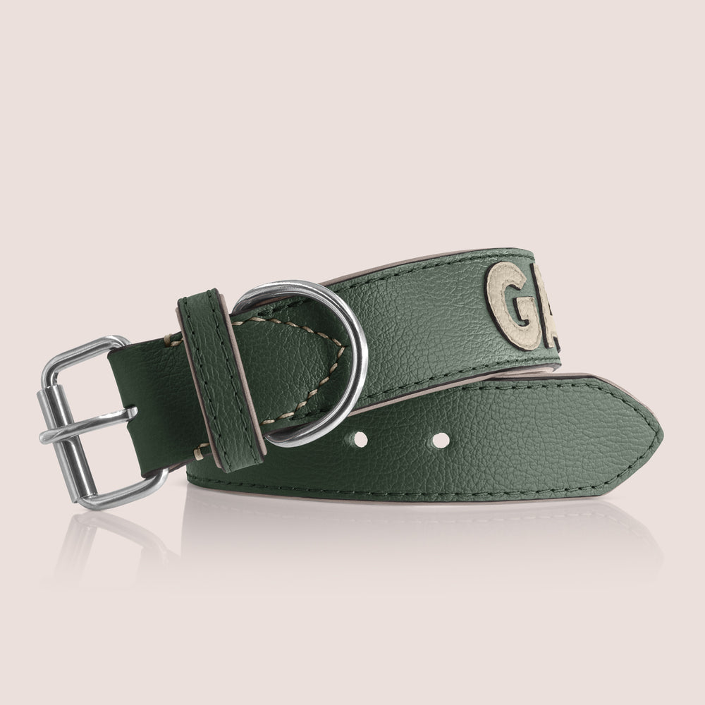 TONERL – Hundehalsband mit Namen aus Leder in British-Racing-Green - Stone