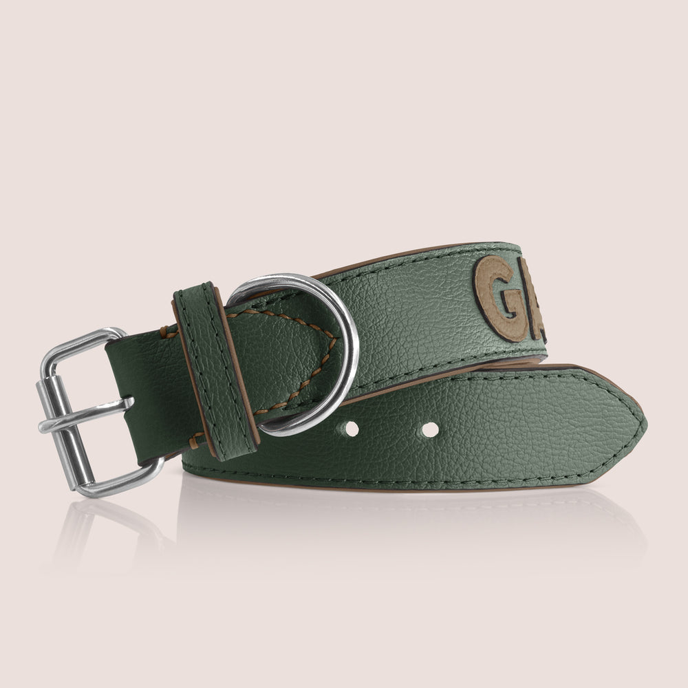 TONERL – Hundehalsband mit Namen aus Leder in British-Racing-Green - Taupe