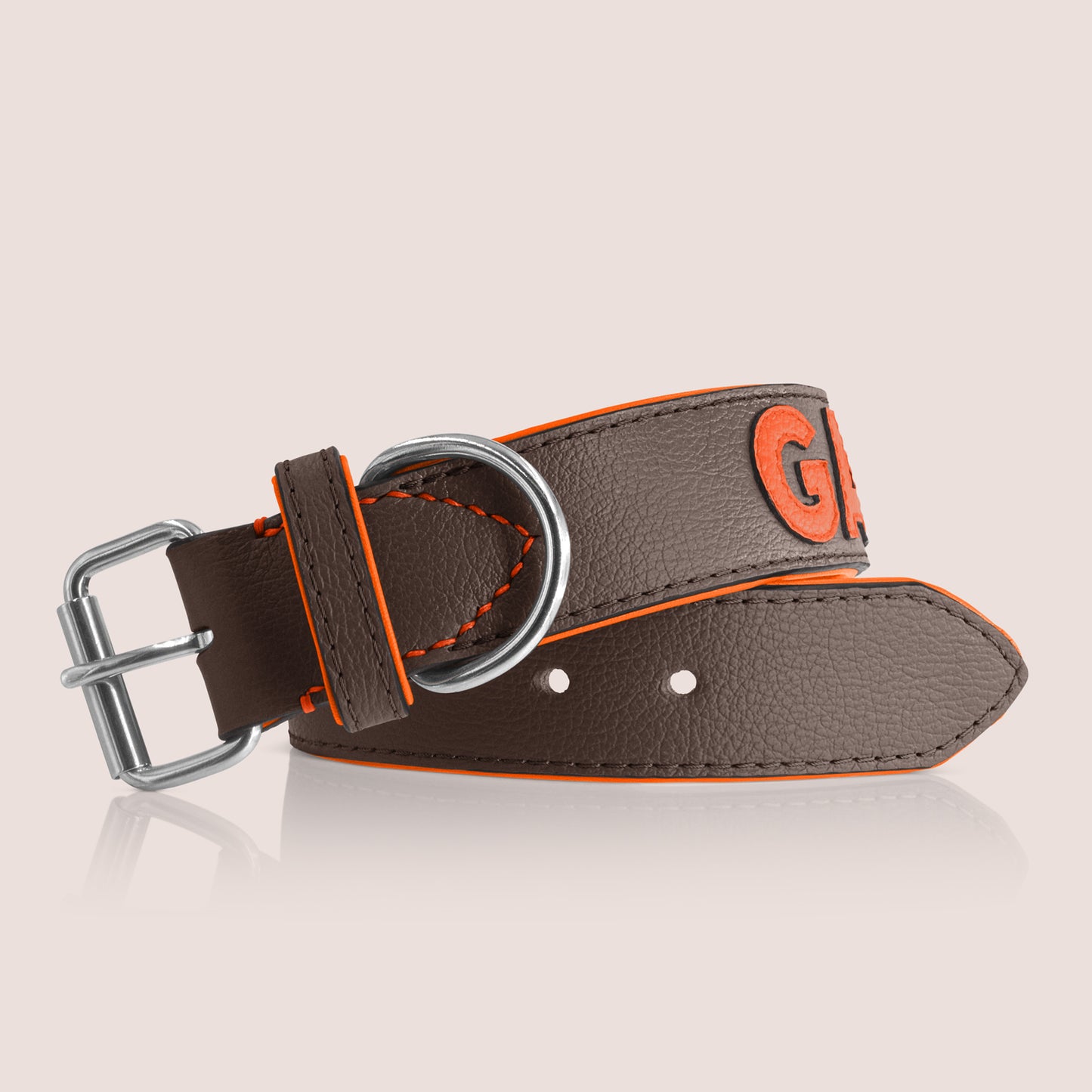 TONERL – Hundehalsband mit Namen aus Leder in Marron - Orange