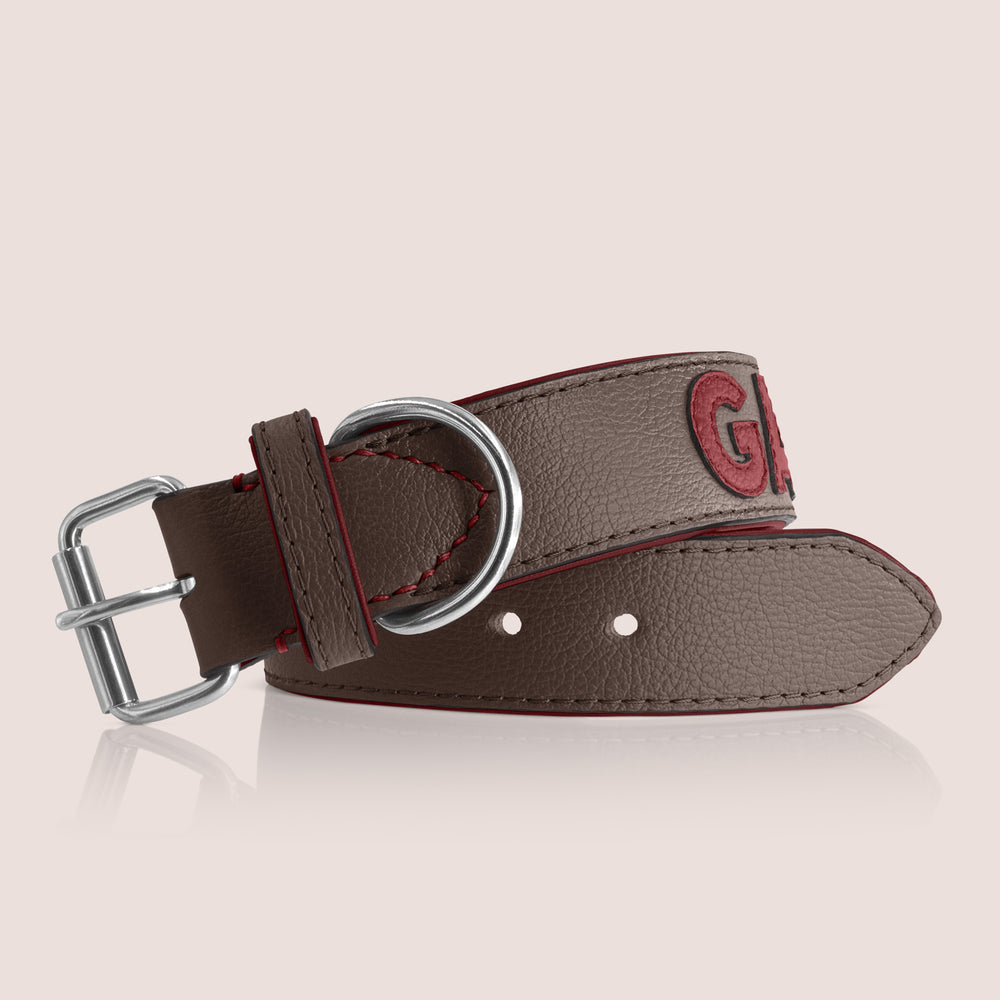 TONERL – Hundehalsband mit Namen aus Leder in Marron - Rubinrot