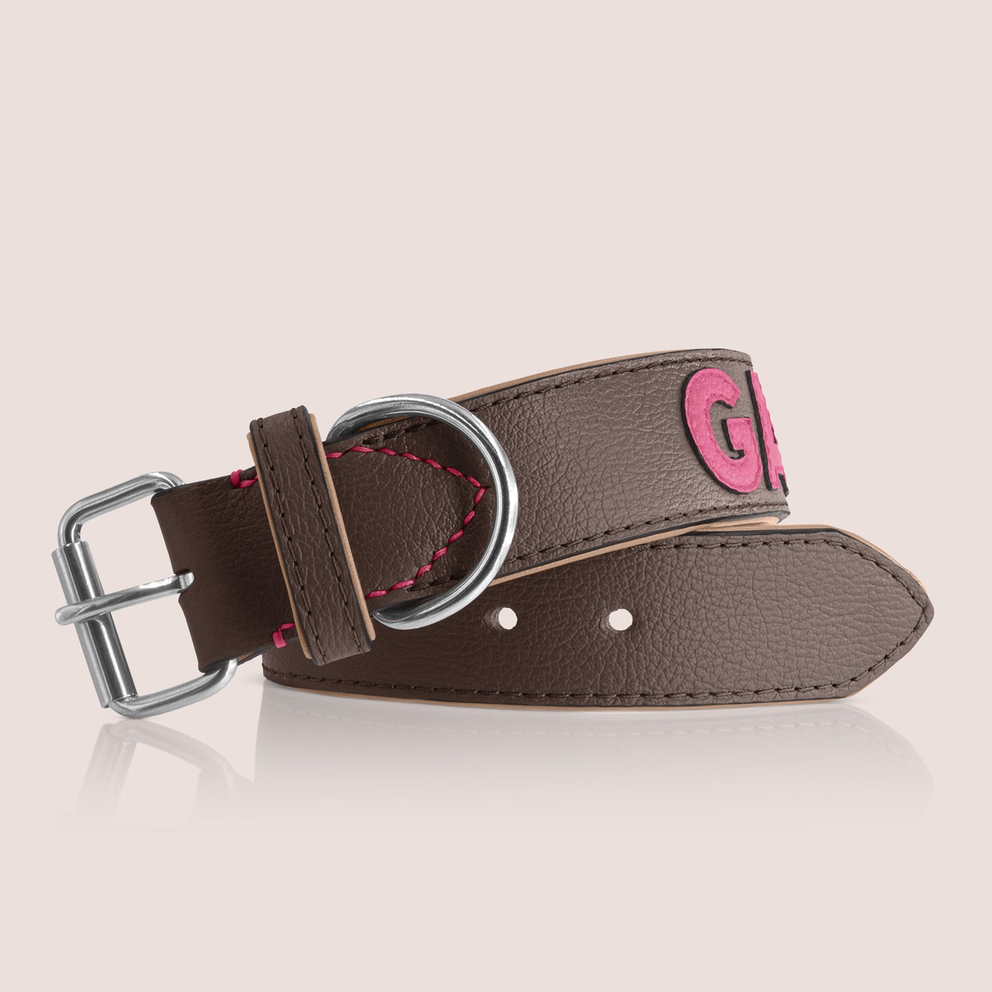 TONERL – Hundehalsband mit Namen aus Leder in Marron - Soft-Pink