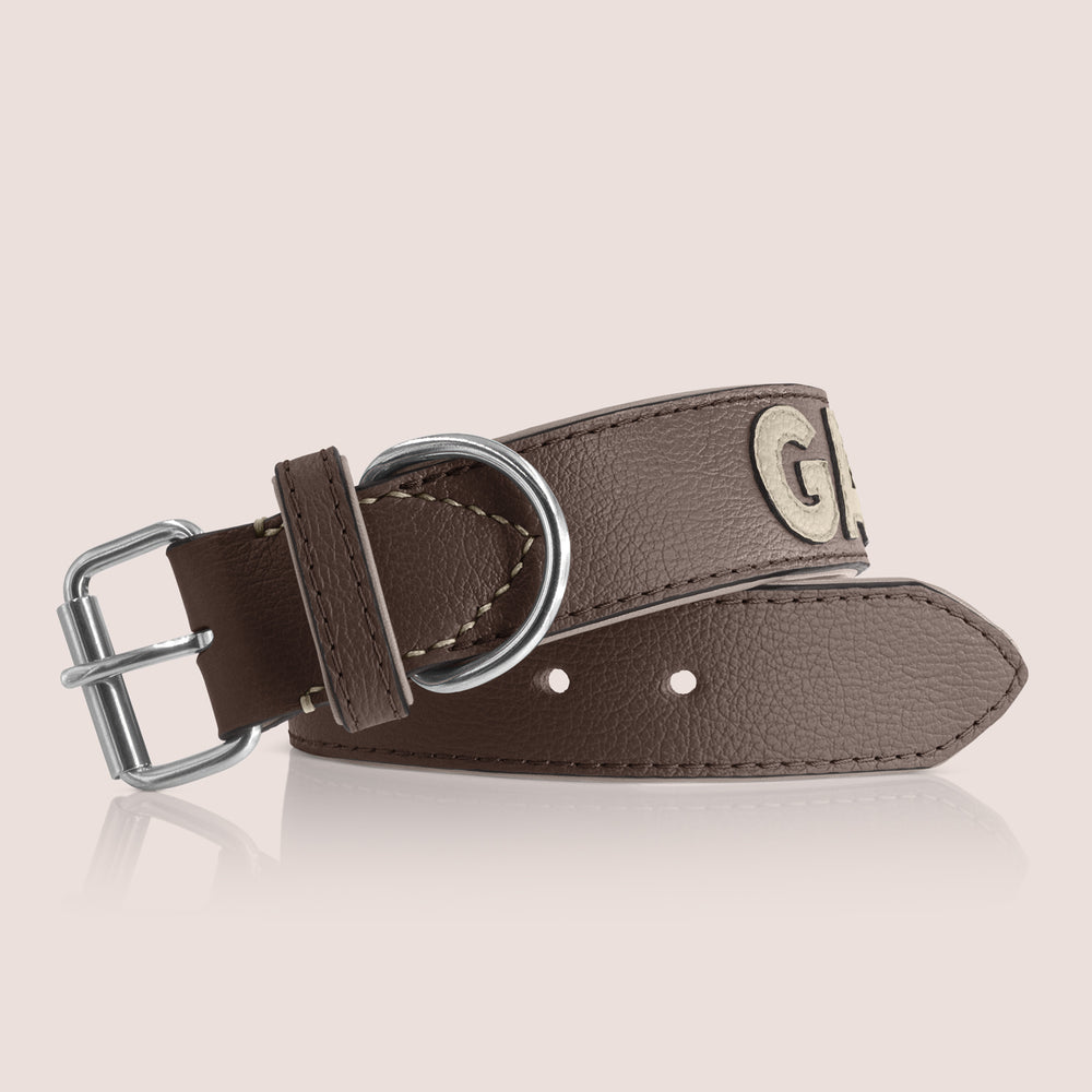 TONERL – Hundehalsband mit Namen aus Leder in Marron - Stone