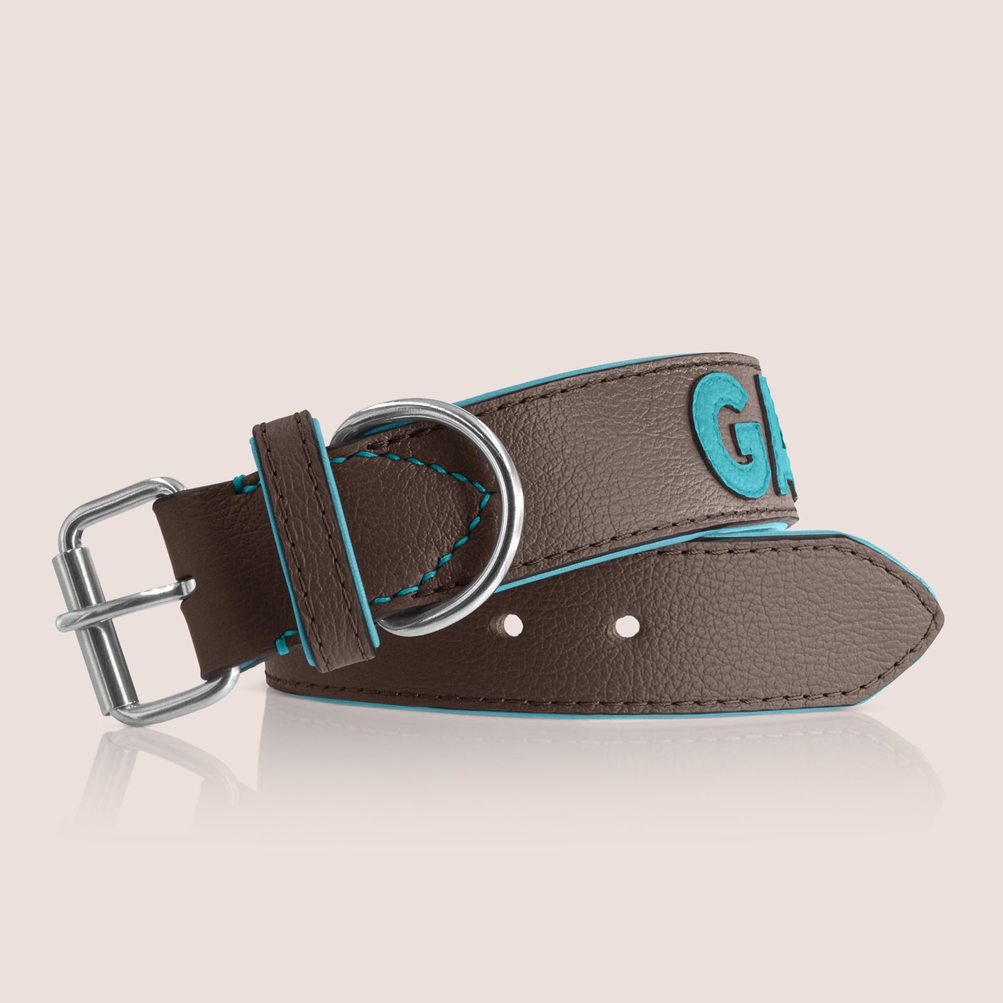TONERL – Hundehalsband mit Namen aus Leder in Marron - Türkis