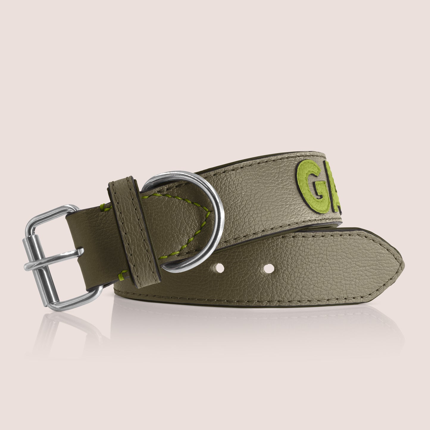 TONERL – Hundehalsband mit Namen aus Leder in Oliv - Blau