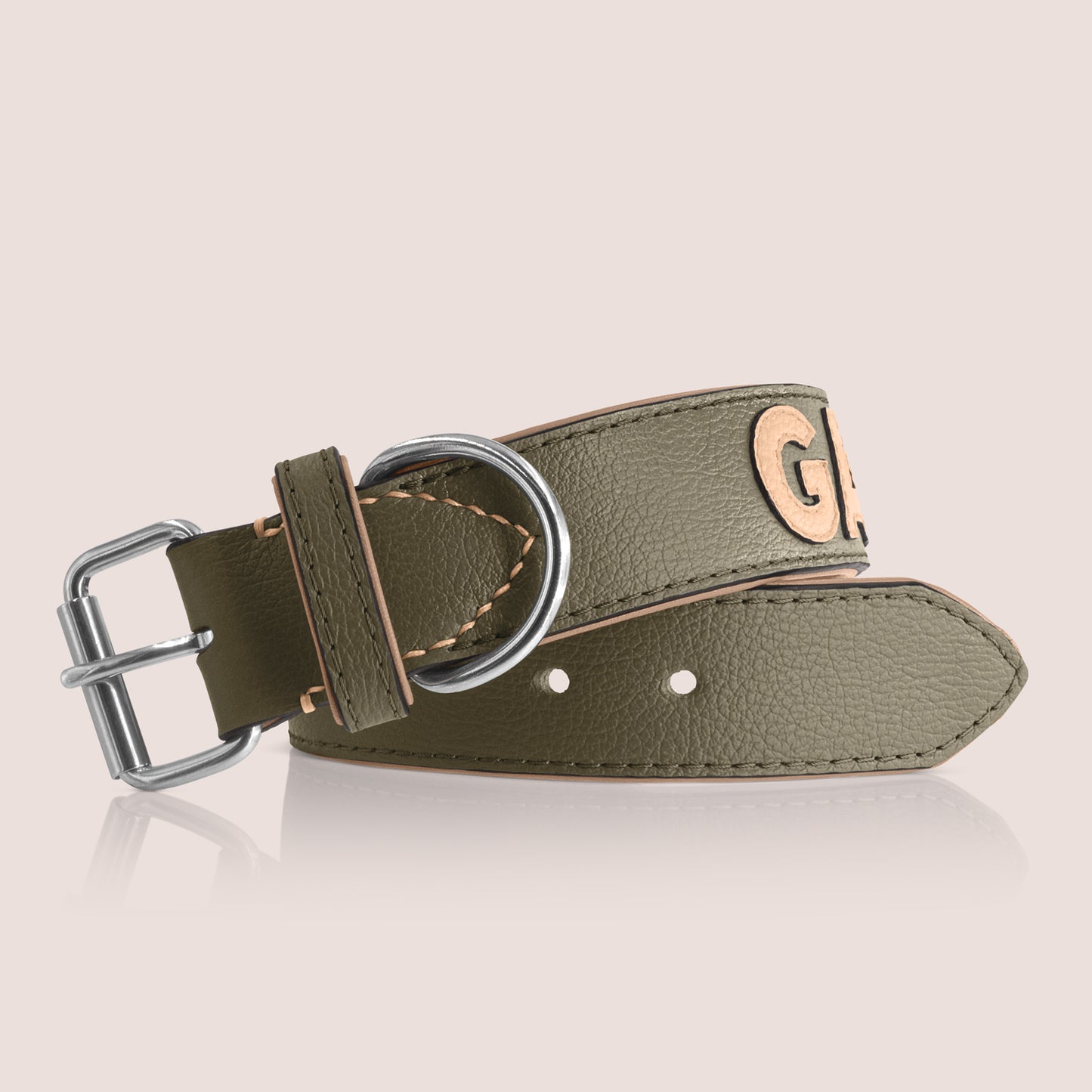 TONERL – Hundehalsband mit Namen aus Leder in Oliv - Biscuit