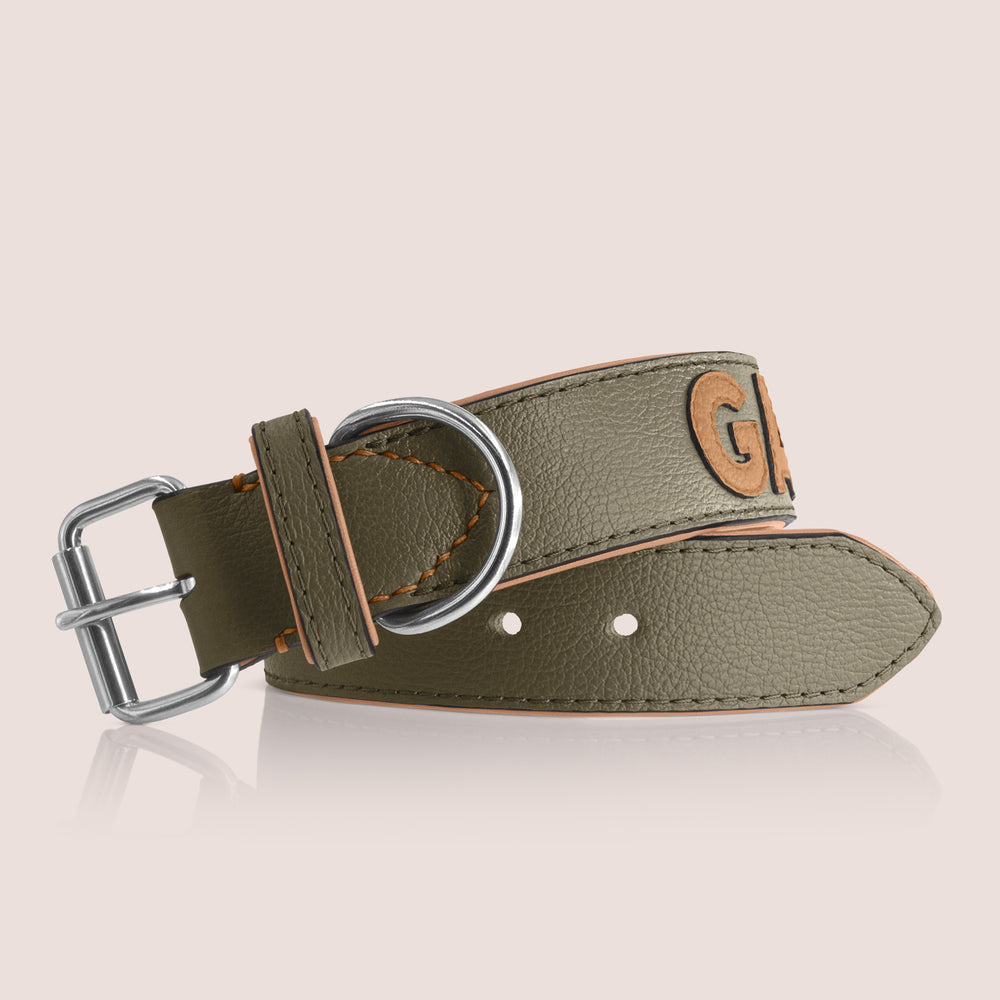 TONERL – Hundehalsband mit Namen aus Leder in Oliv - Biscuit