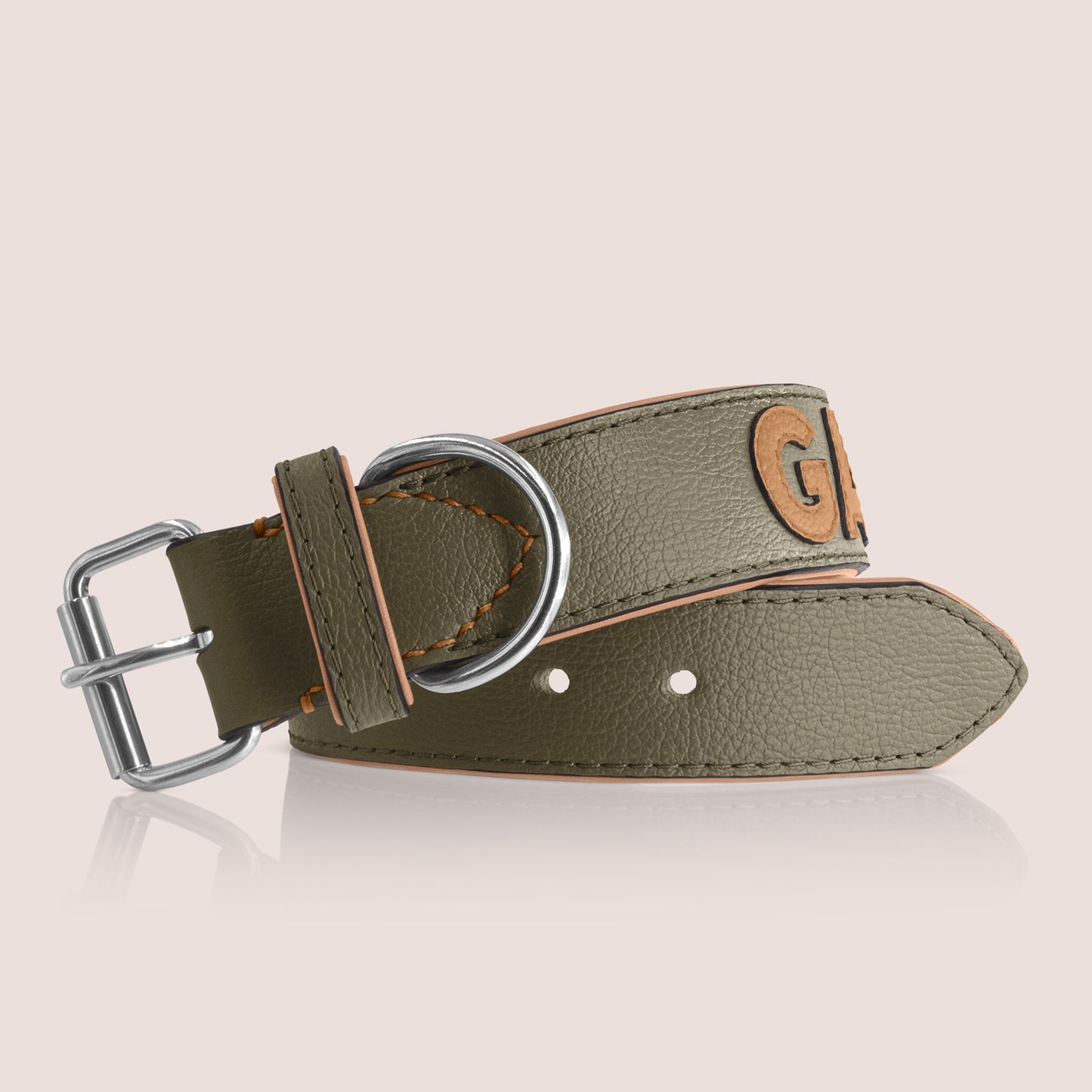 TONERL – Hundehalsband mit Namen aus Leder in Oliv - Biscuit