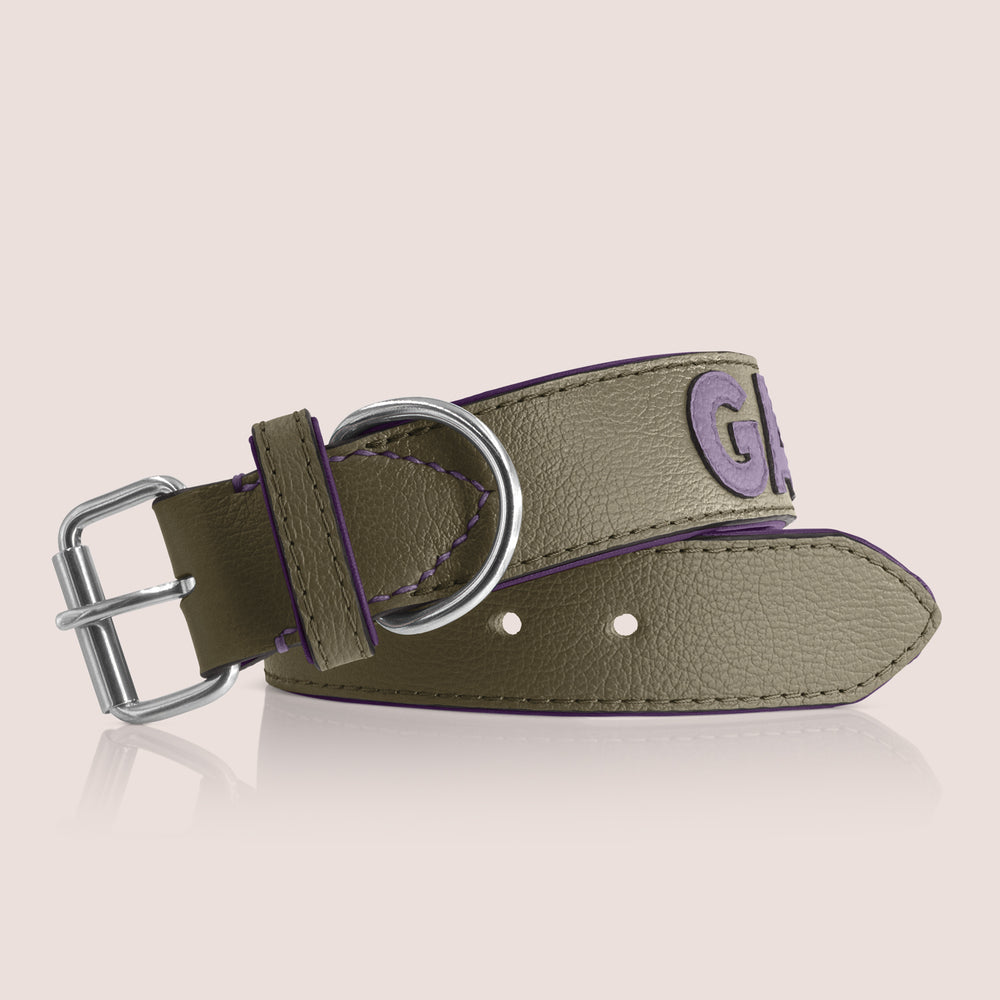 TONERL – Hundehalsband mit Namen aus Leder in Oliv - Flieder