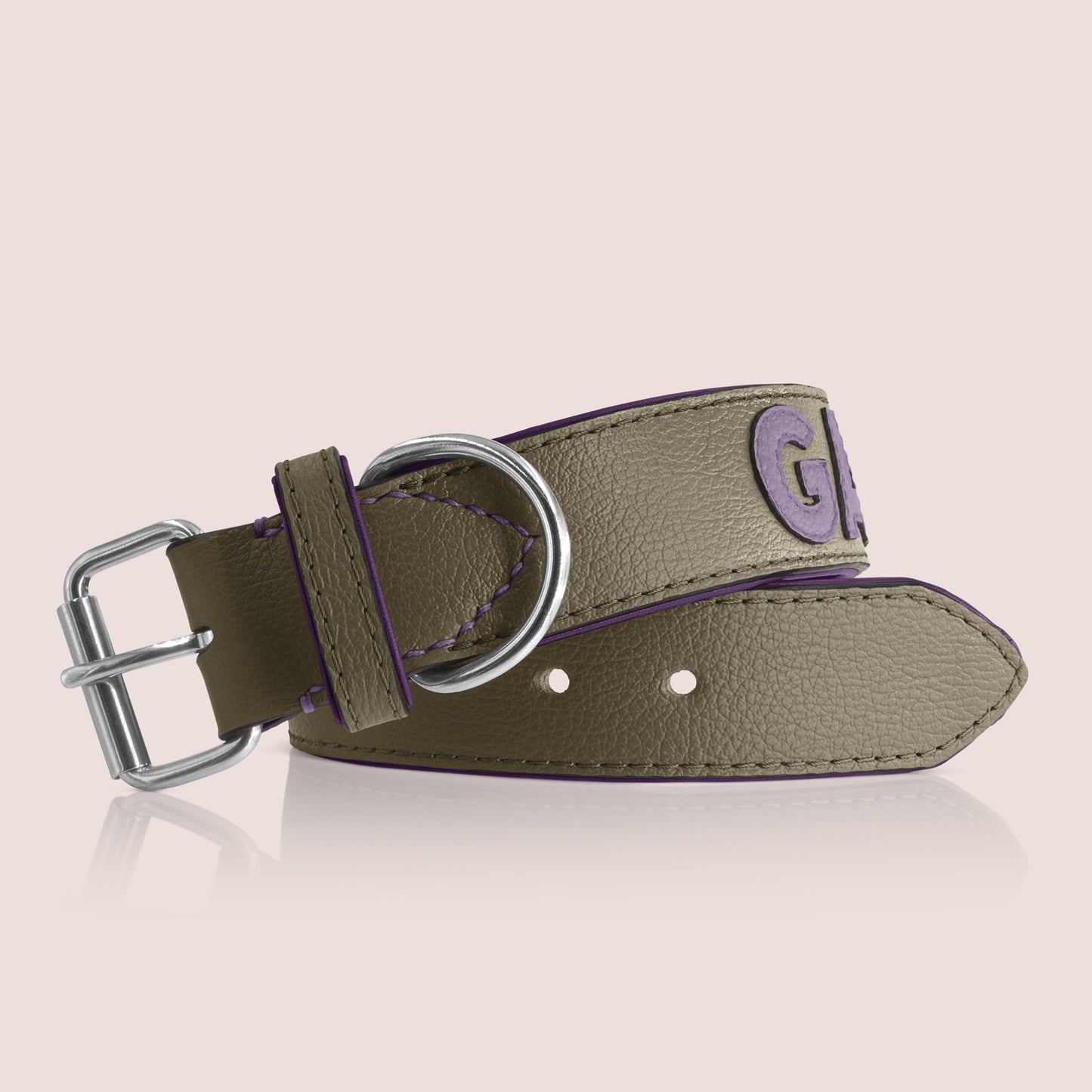 TONERL – Hundehalsband mit Namen aus Leder in Oliv - Flieder