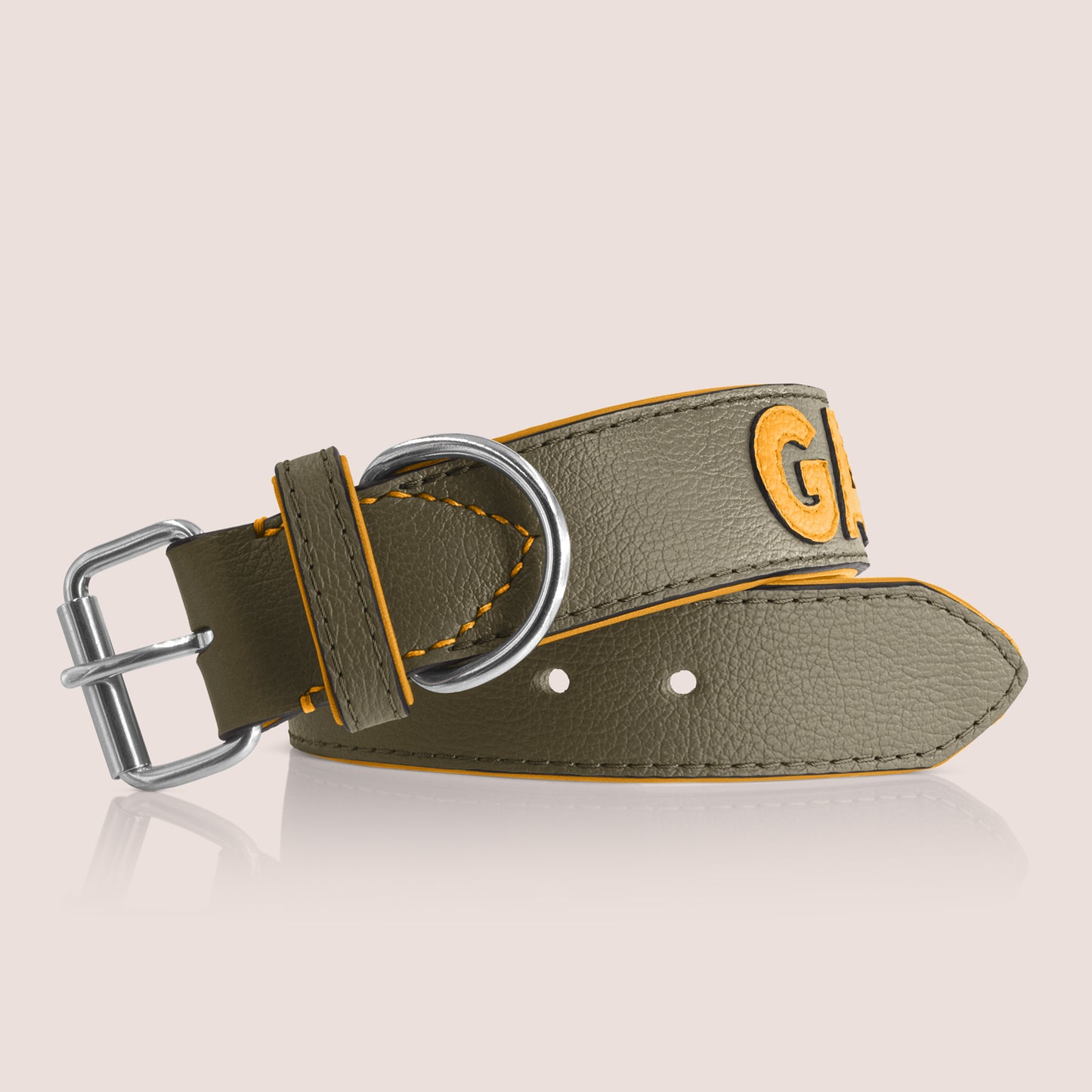 TONERL – Hundehalsband mit Namen aus Leder in Oliv - Gelb
