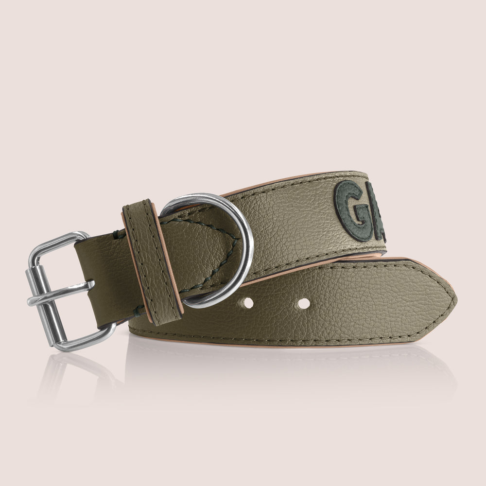TONERL – Hundehalsband mit Namen aus Leder in Oliv - British-Racing-Green