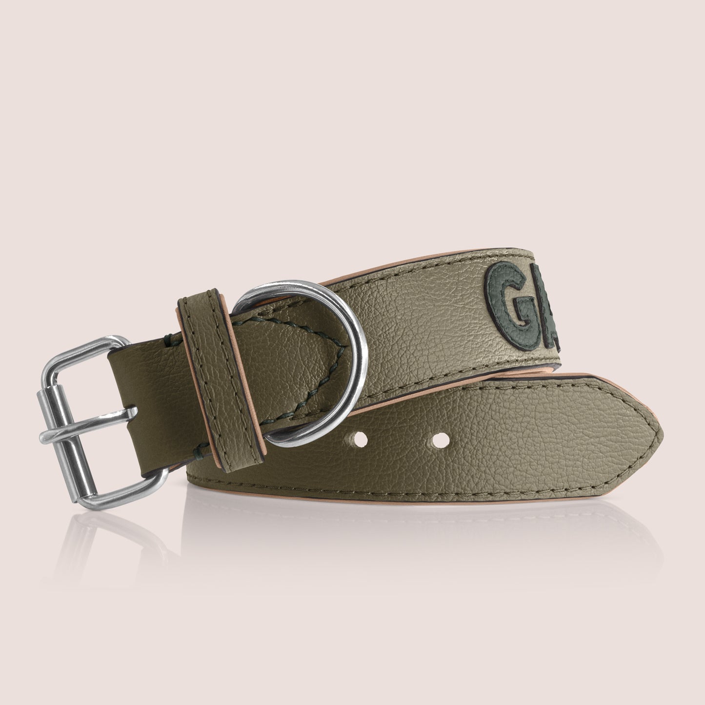 TONERL – Hundehalsband mit Namen aus Leder in Oliv - British-Racing-Green