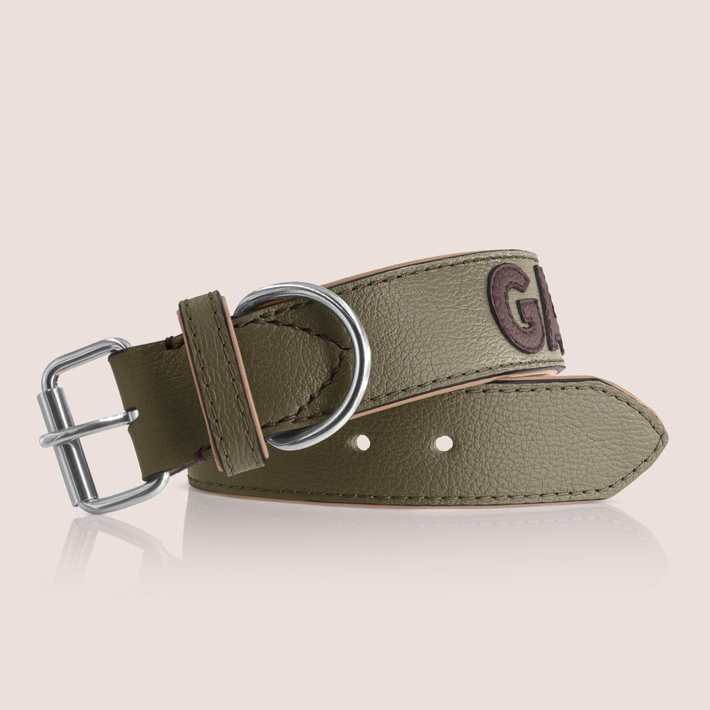 TONERL – Hundehalsband mit Namen aus Leder in Oliv - Marron