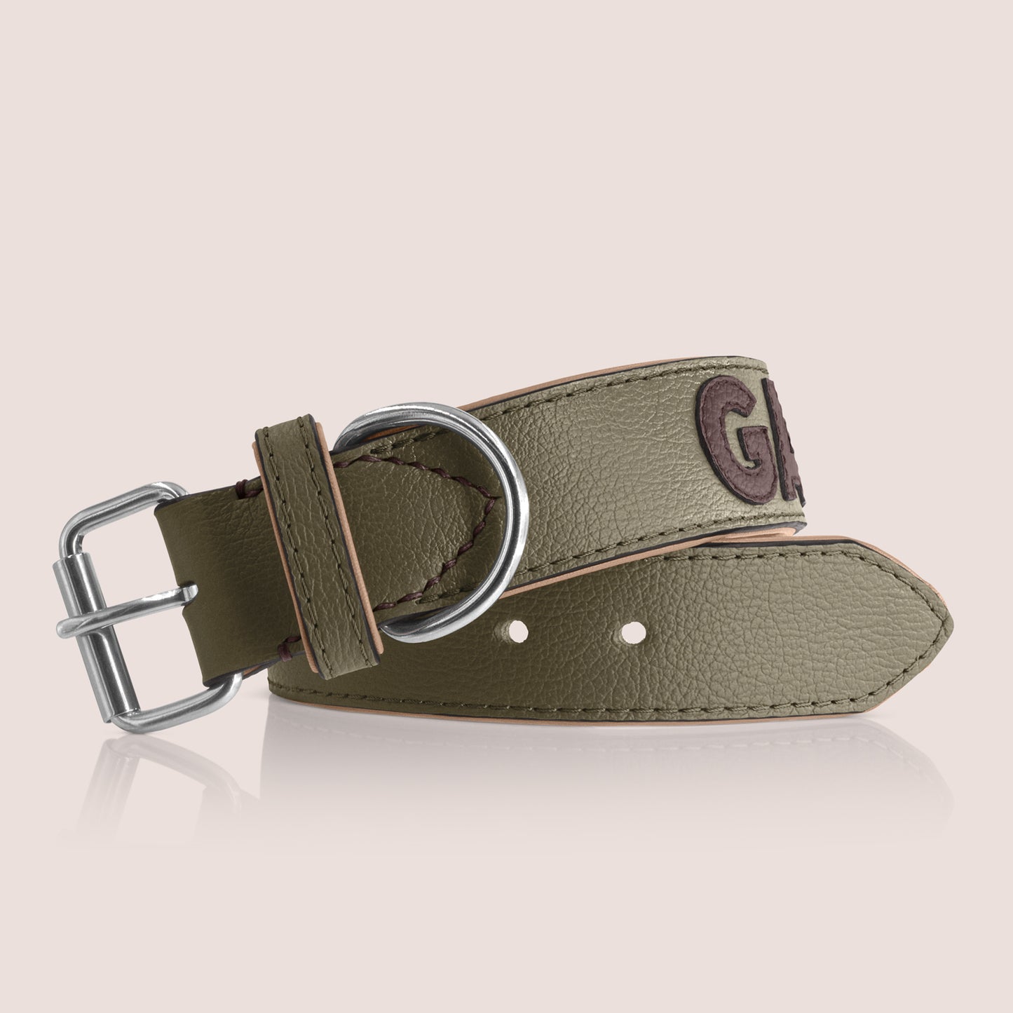 TONERL – Hundehalsband mit Namen aus Leder in Oliv - Marron
