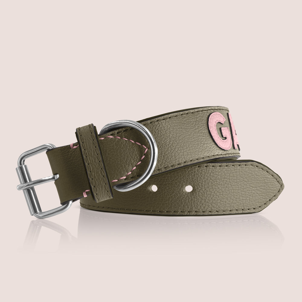 TONERL – Hundehalsband mit Namen aus Leder in Oliv - Rosé