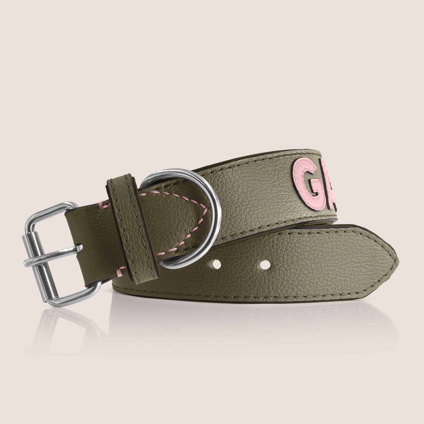 TONERL – Hundehalsband mit Namen aus Leder in Oliv - Rosé