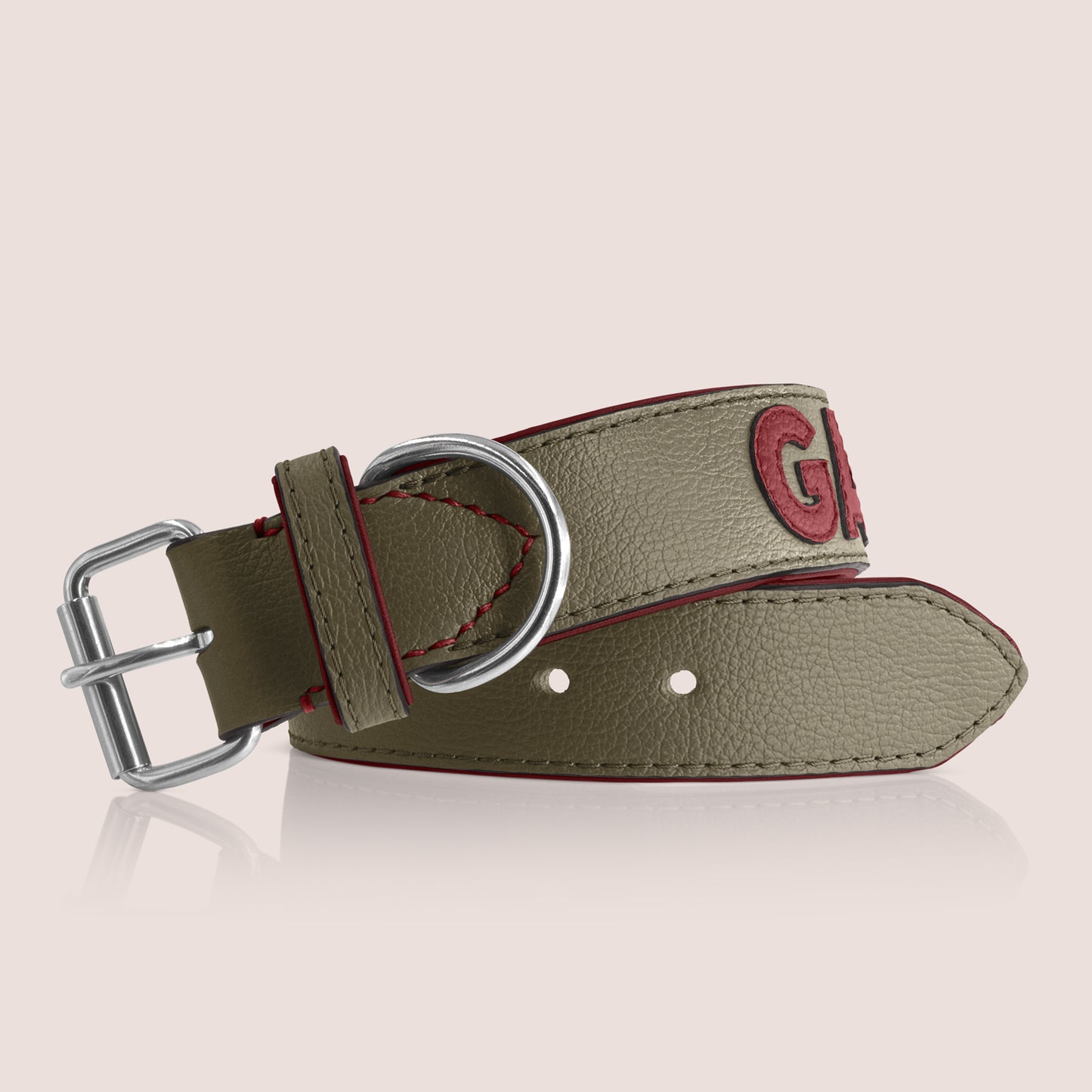 TONERL – Hundehalsband mit Namen aus Leder in Oliv - Rubinrot