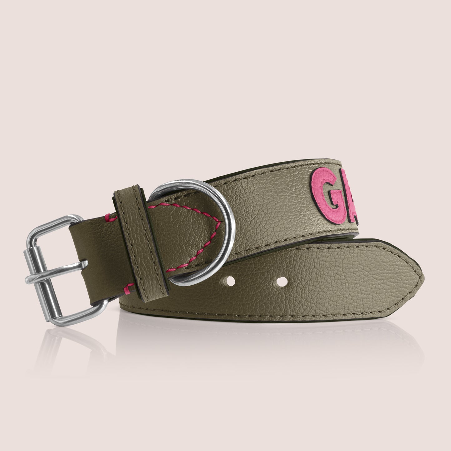 TONERL – Hundehalsband mit Namen aus Leder in Oliv - Soft-Pink