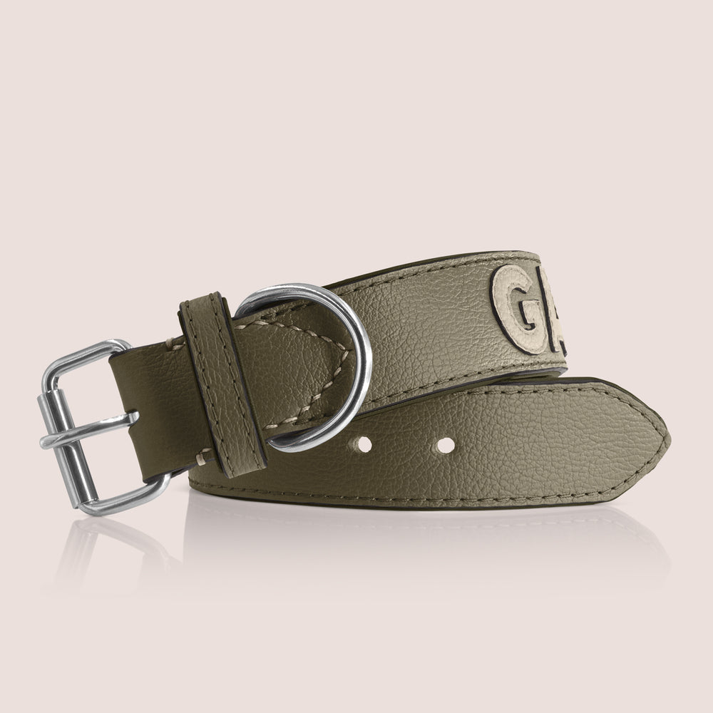 TONERL – Hundehalsband mit Namen aus Leder in Oliv - Stone