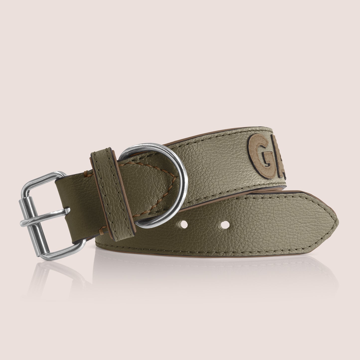 TONERL – Hundehalsband mit Namen aus Leder in Oliv - Taupe