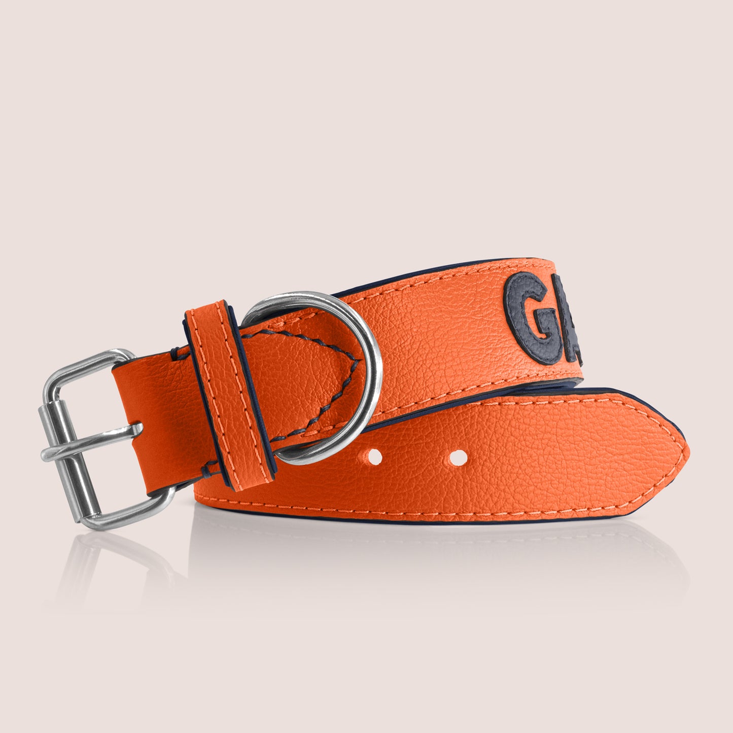 TONERL – Hundehalsband mit Namen aus Leder in Orange - Blau