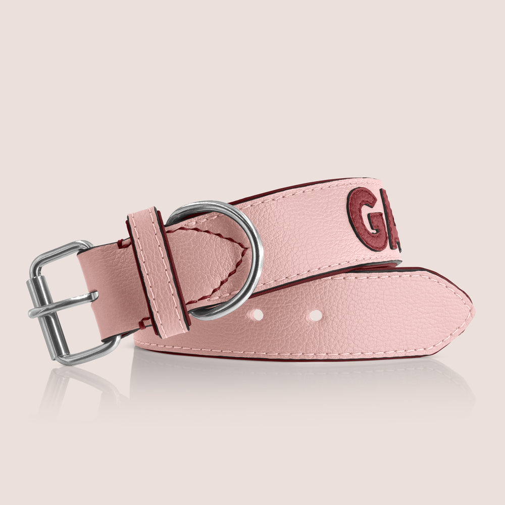 TONERL – Hundehalsband mit Namen aus Leder in Rosé - Rubinrot